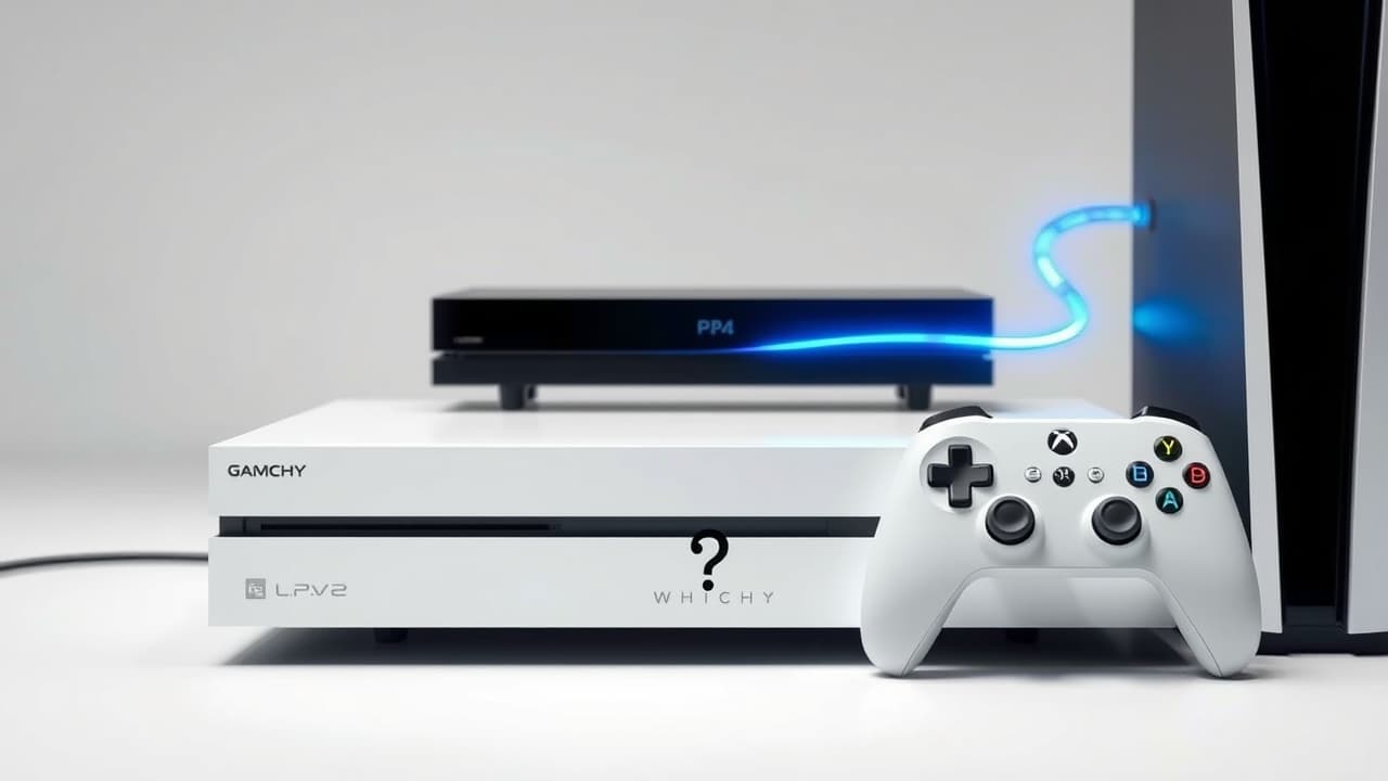 A gaming console (e.g., Xbox Series X) next to a 4K Blu-ray disc, highlighting dual functionality