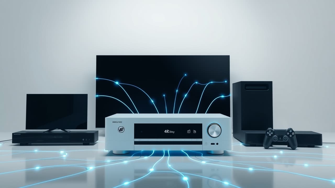 Rear panel of a 4K Blu-ray player showing various ports like HDMI, USB, and Ethernet