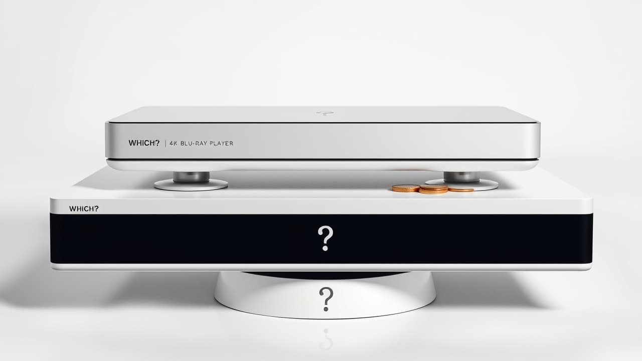 A hand holding a price tag next to a 4K Blu-ray player, symbolizing cost consideration