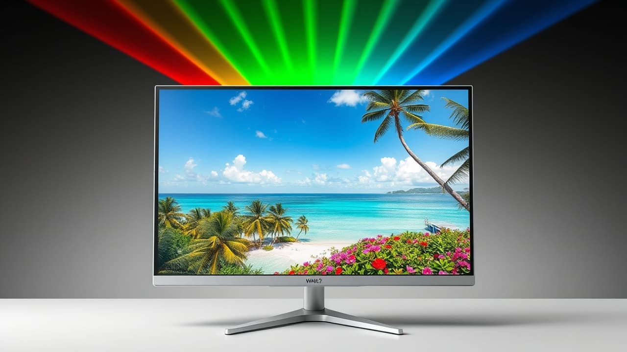 Color spectrum chart showing different color gamuts like sRGB, DCI-P3, and Adobe RGB, with a focus on wide color coverage for 4K displays.