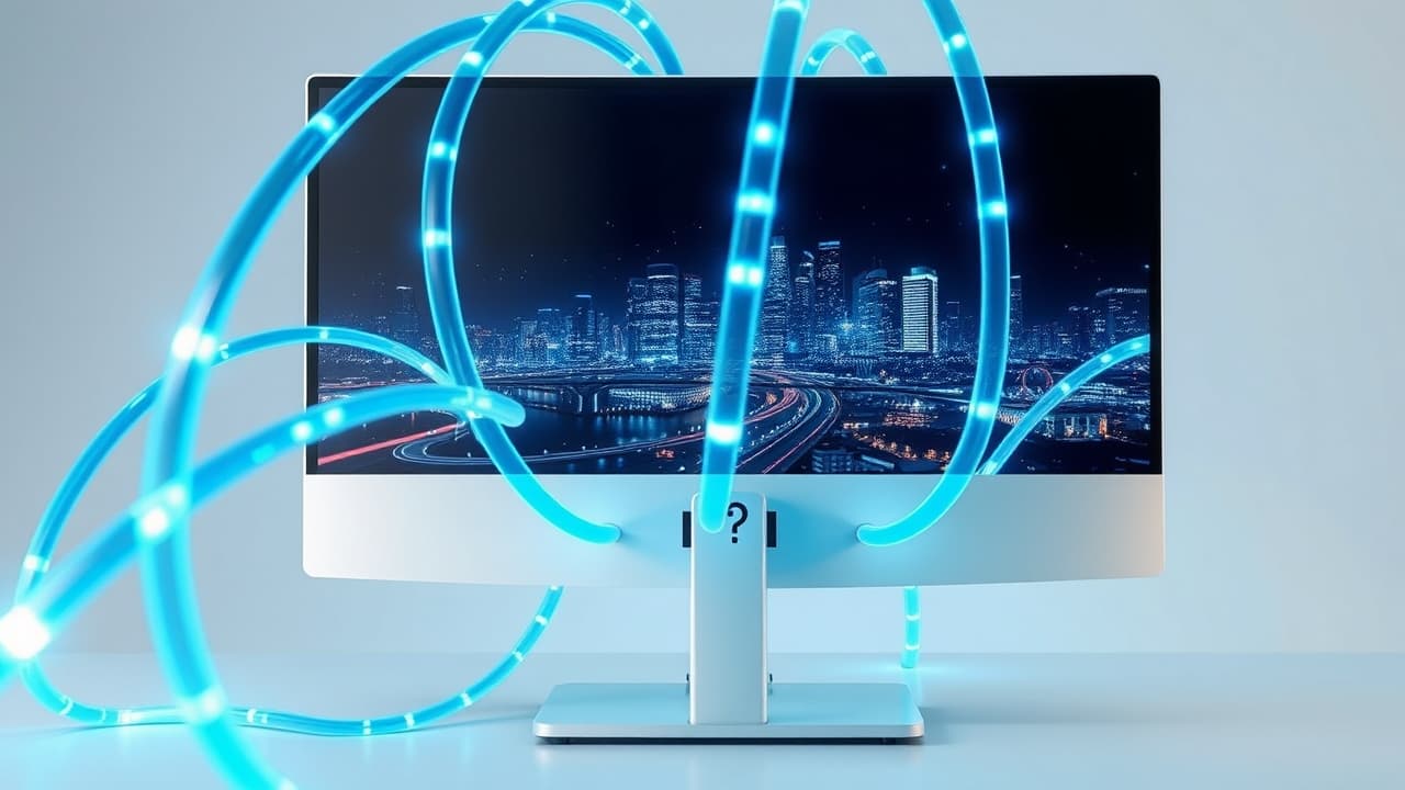 Rear view of a monitor showing various input ports like HDMI, DisplayPort, USB-C, and USB-A ports.