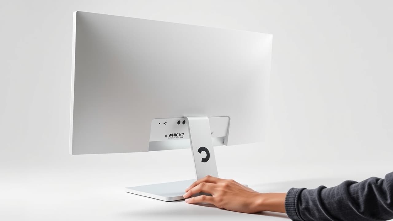 Illustration of a monitor stand demonstrating full range of ergonomic adjustments: height, tilt, swivel, and pivot.