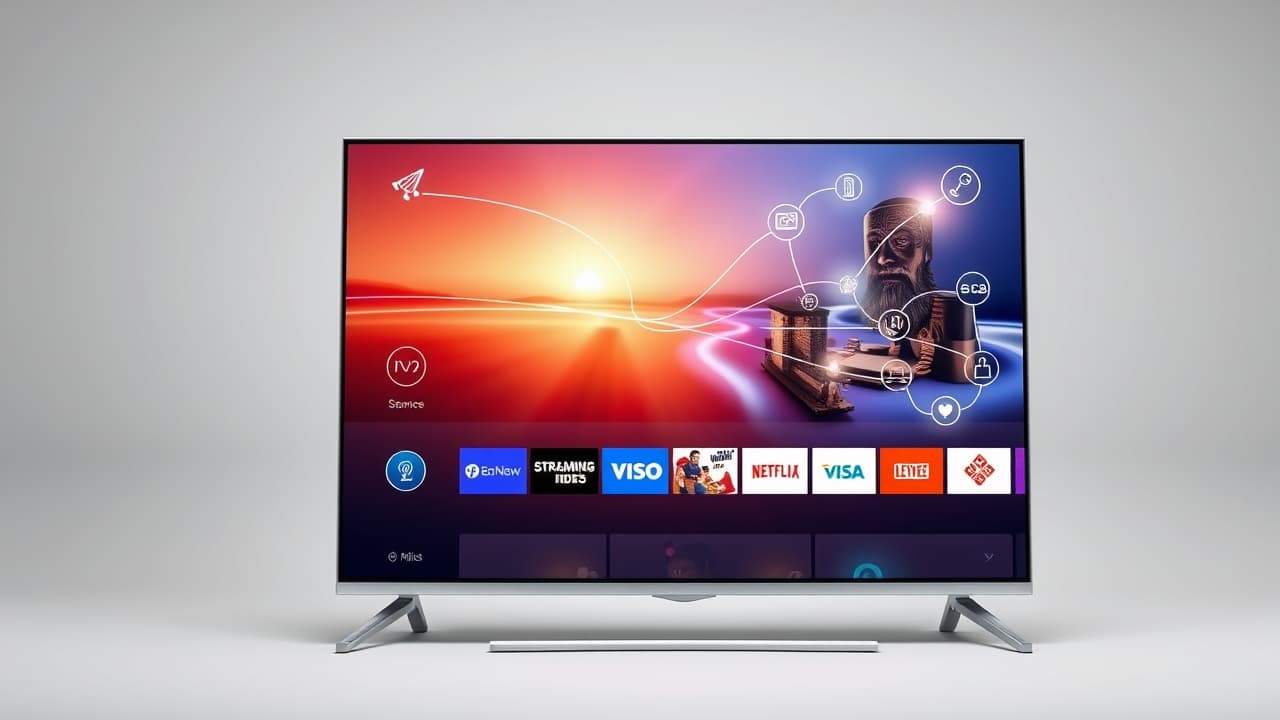 A 4K TV displaying a smart TV interface with various streaming app icons.