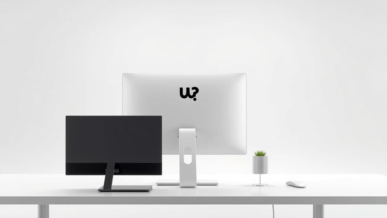 A sleek, minimalist all-in-one computer on a modern desk, showing its compact footprint and clean cable management.