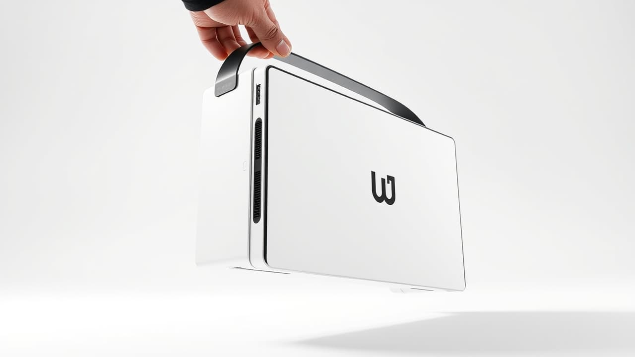 A person carrying a compact all-in-one computer by a built-in handle, demonstrating its portability.