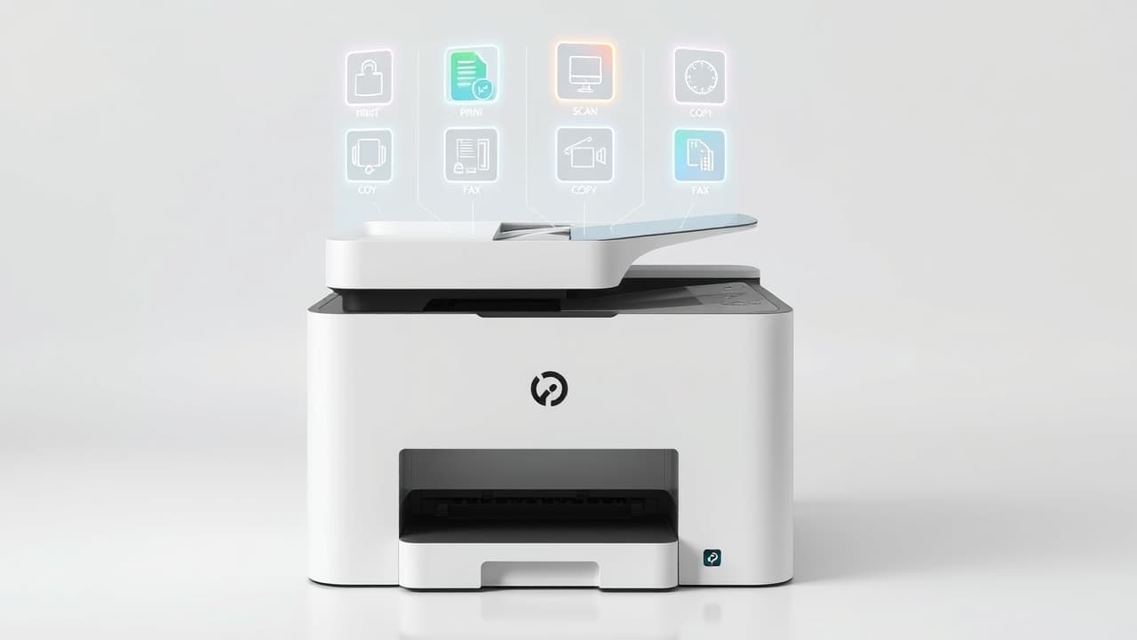 Icons representing print, scan, copy, and fax functions on an all-in-one printer