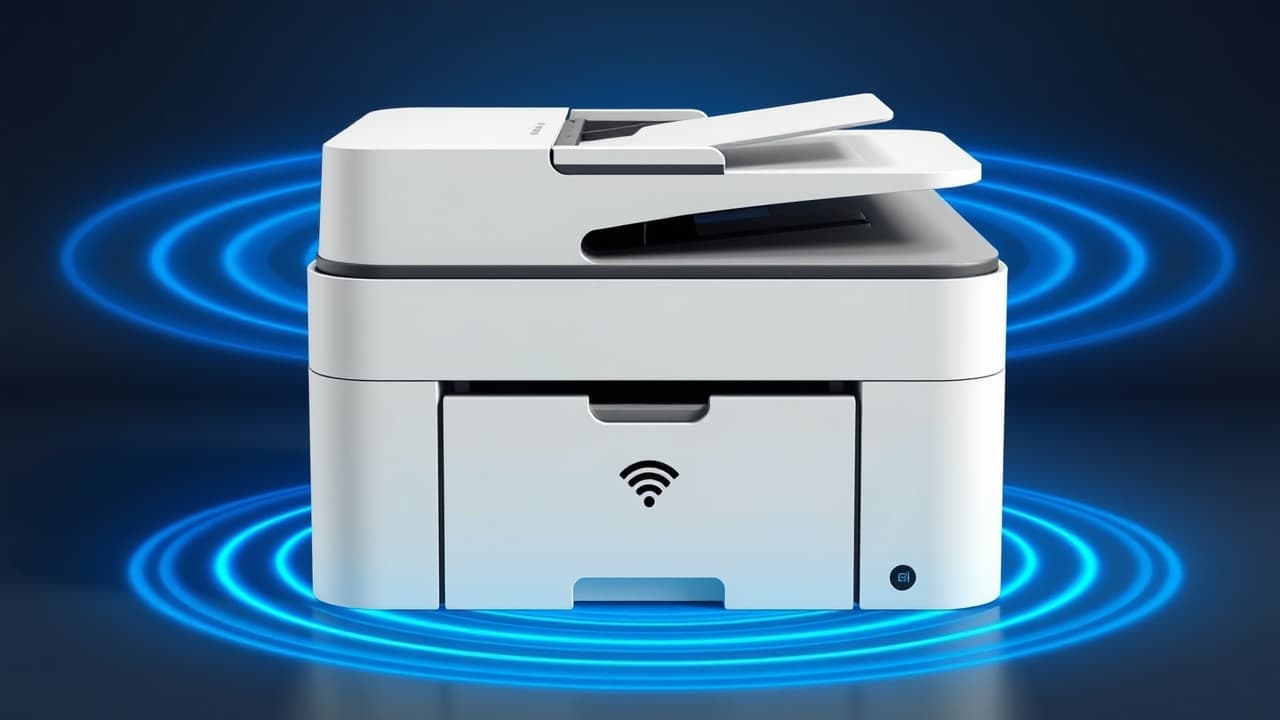 Network diagram showing a printer connected to multiple devices via self-healing dual-band Wi-Fi