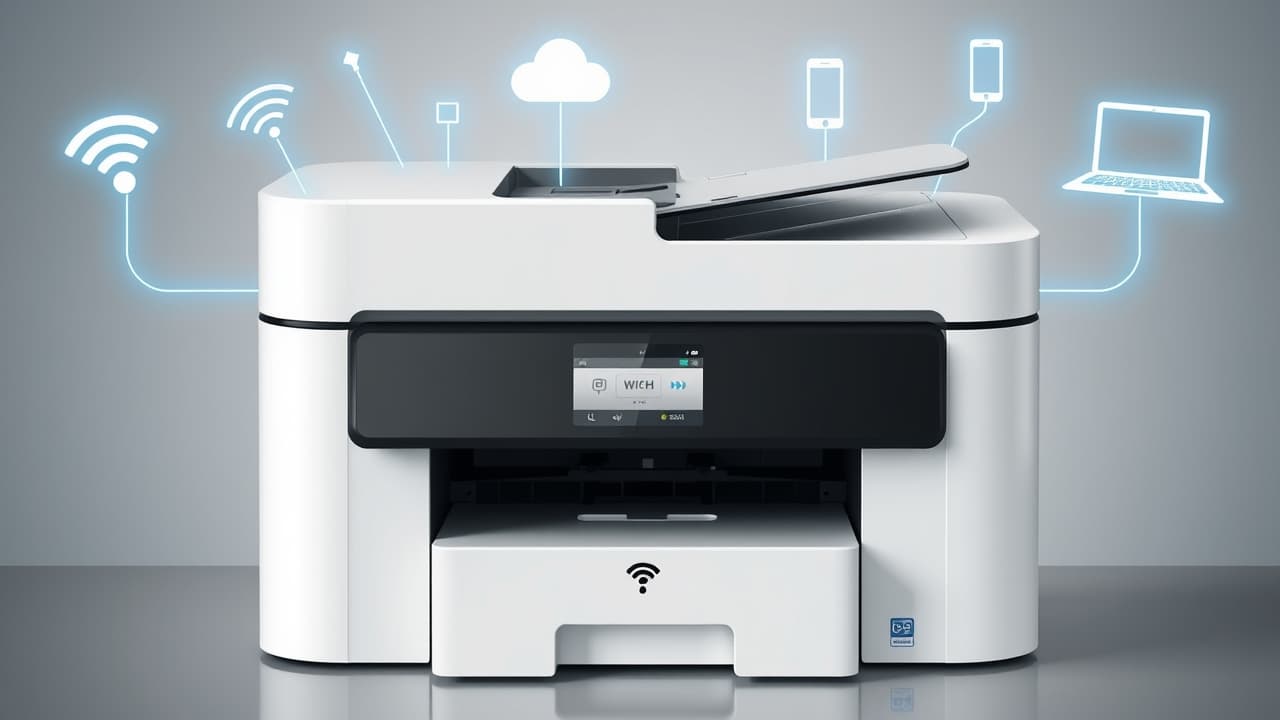 Diagram showing various connectivity options for an all-in-one printer: USB, Ethernet, Wi-Fi, Cloud