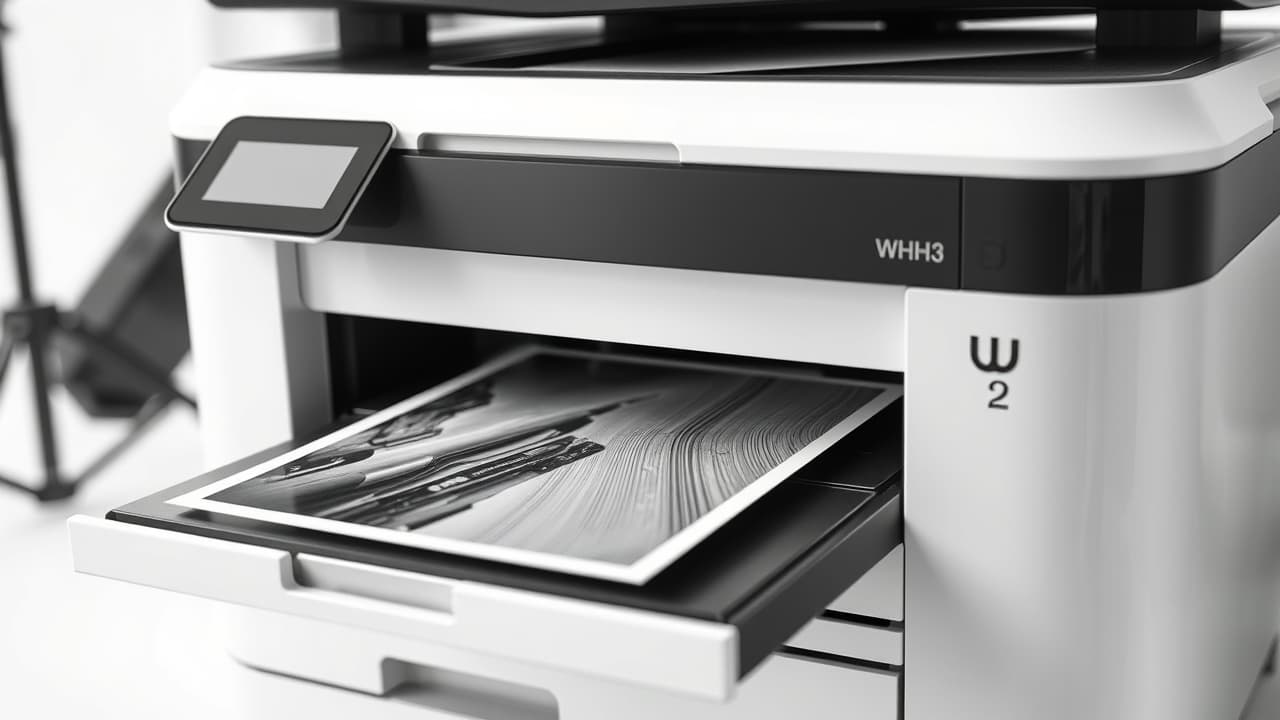 Close-up of high-resolution text and a vibrant color photo printed from an all-in-one printer