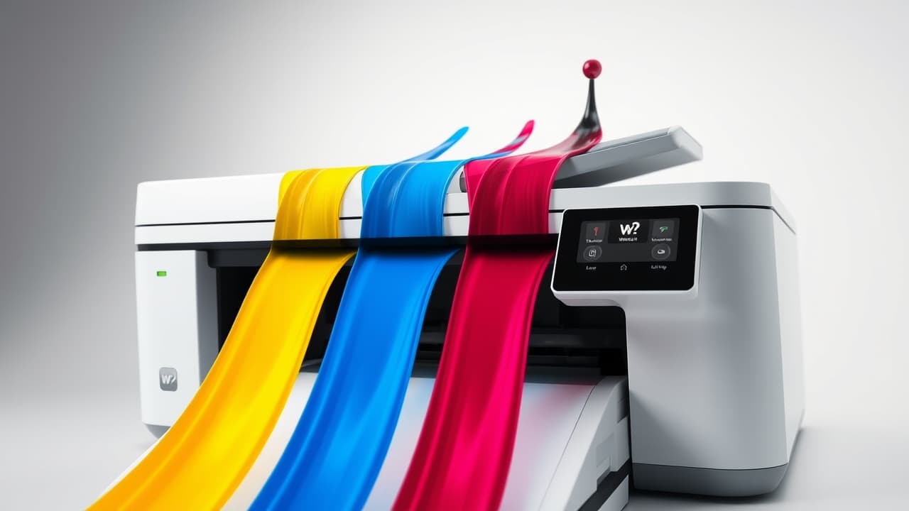 Close-up of a printer's print head showing six different color ink cartridges