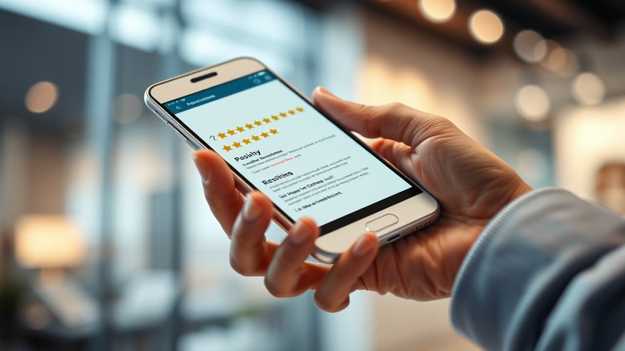 A smartphone screen displaying positive online reviews and star ratings for a product