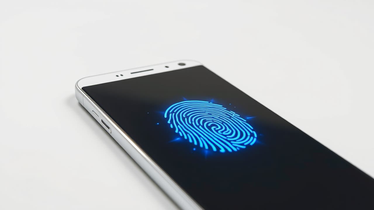 A fingerprint icon on a smartphone screen, representing biometric security features