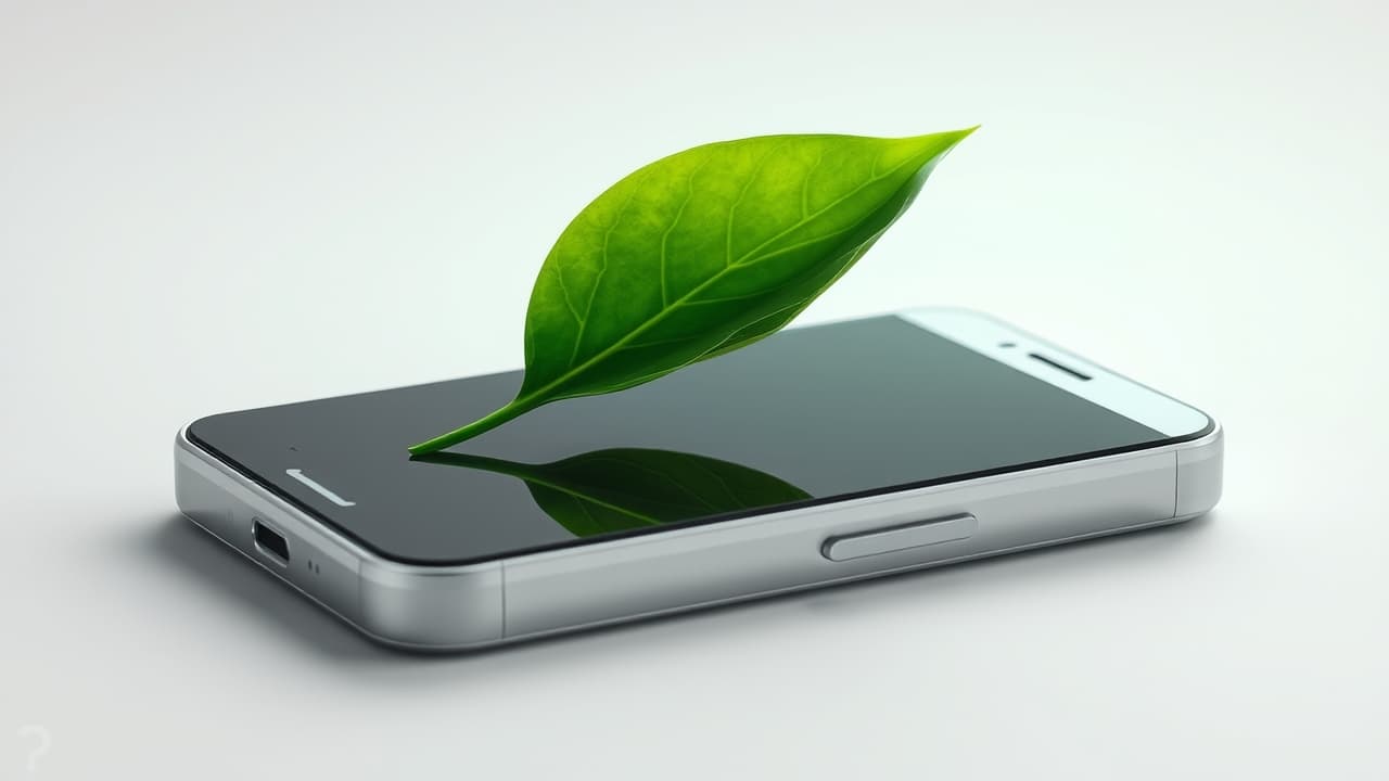 A smartphone with a leaf icon, symbolizing eco-friendly manufacturing and recycled materials