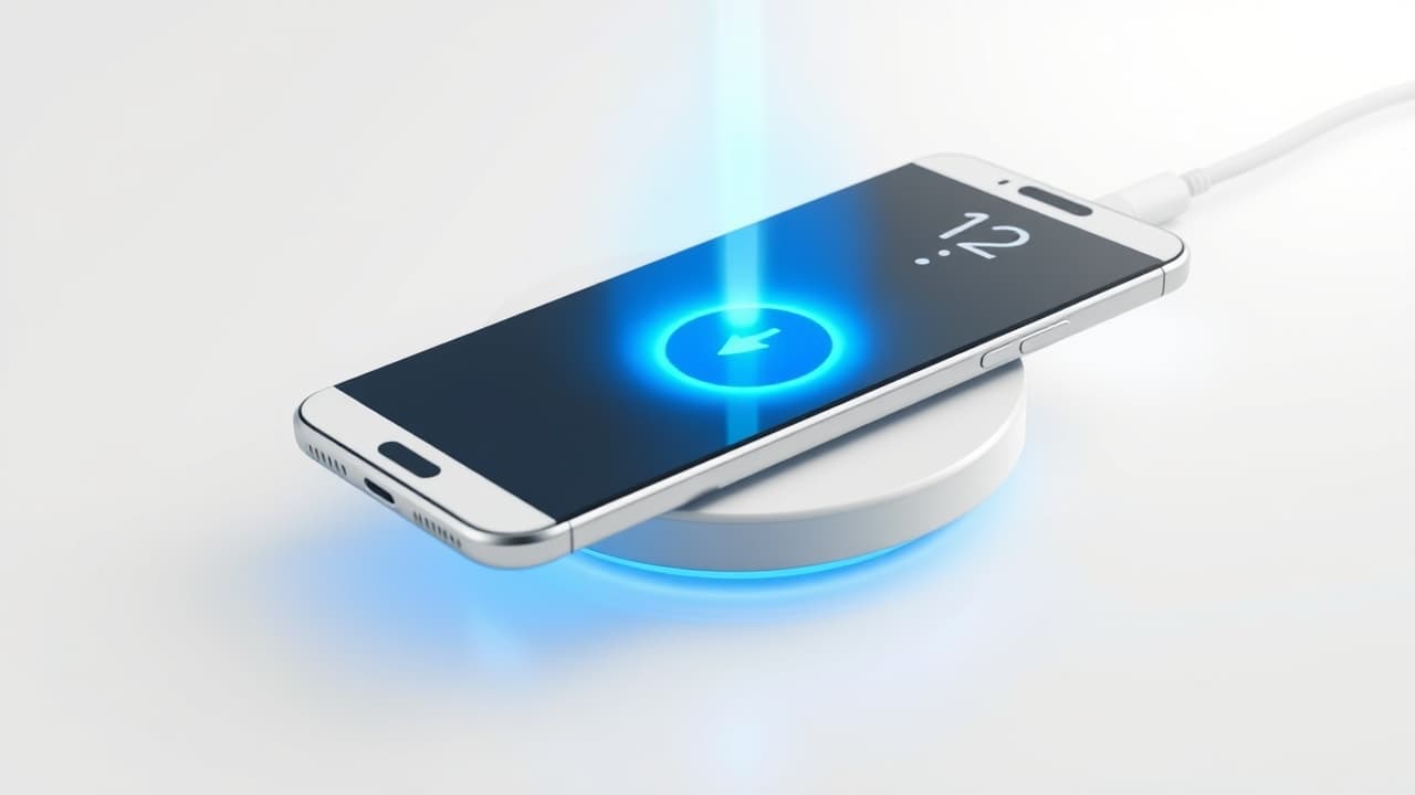 A smartphone resting on a wireless charging pad, indicating cable-free power