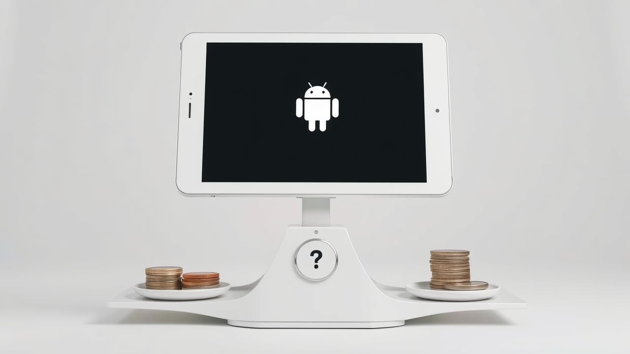 Hands holding an Android tablet with a price tag overlay, showing different budget ranges