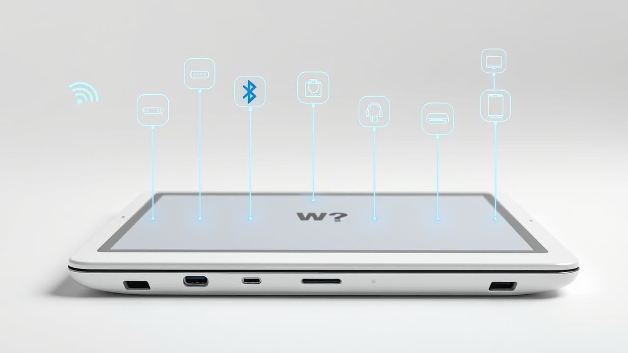 Wireless signals and USB-C port on a tablet, representing advanced connectivity features