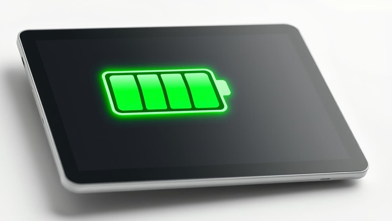A battery icon with a charging cable, illustrating long battery life and fast charging