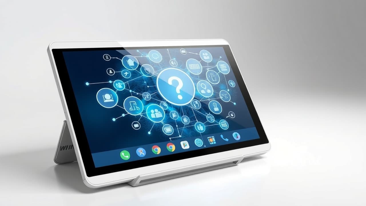 A tablet docked in a smart home hub, displaying various smart home controls and multi-window views