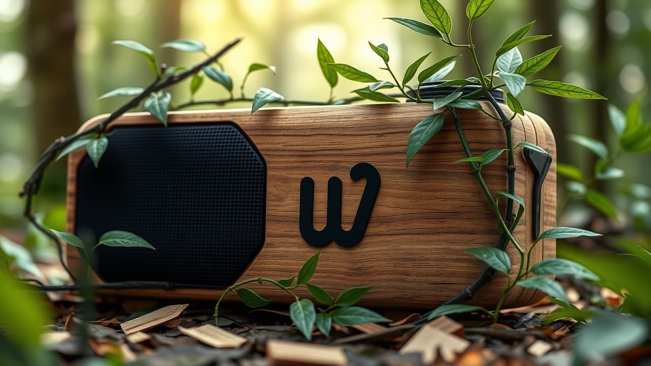 A Bluetooth speaker made from recycled materials, with a leaf icon, symbolizing eco-friendly design.