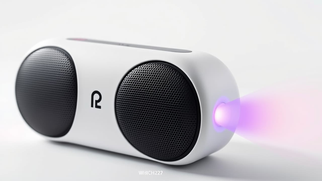 A Bluetooth speaker with a microphone icon, LED lights, and a phone charging from its USB port, representing additional functionalities.