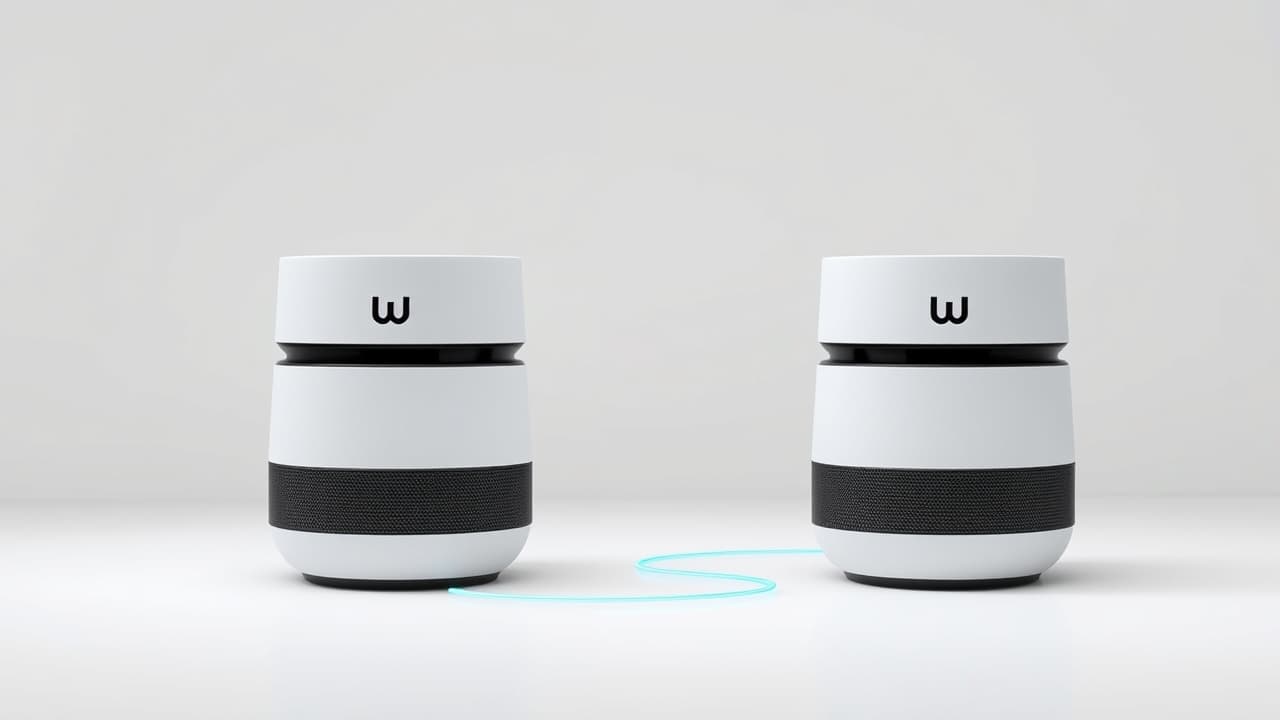 Multiple Bluetooth speakers connected wirelessly, creating a stereo or multi-room audio setup.