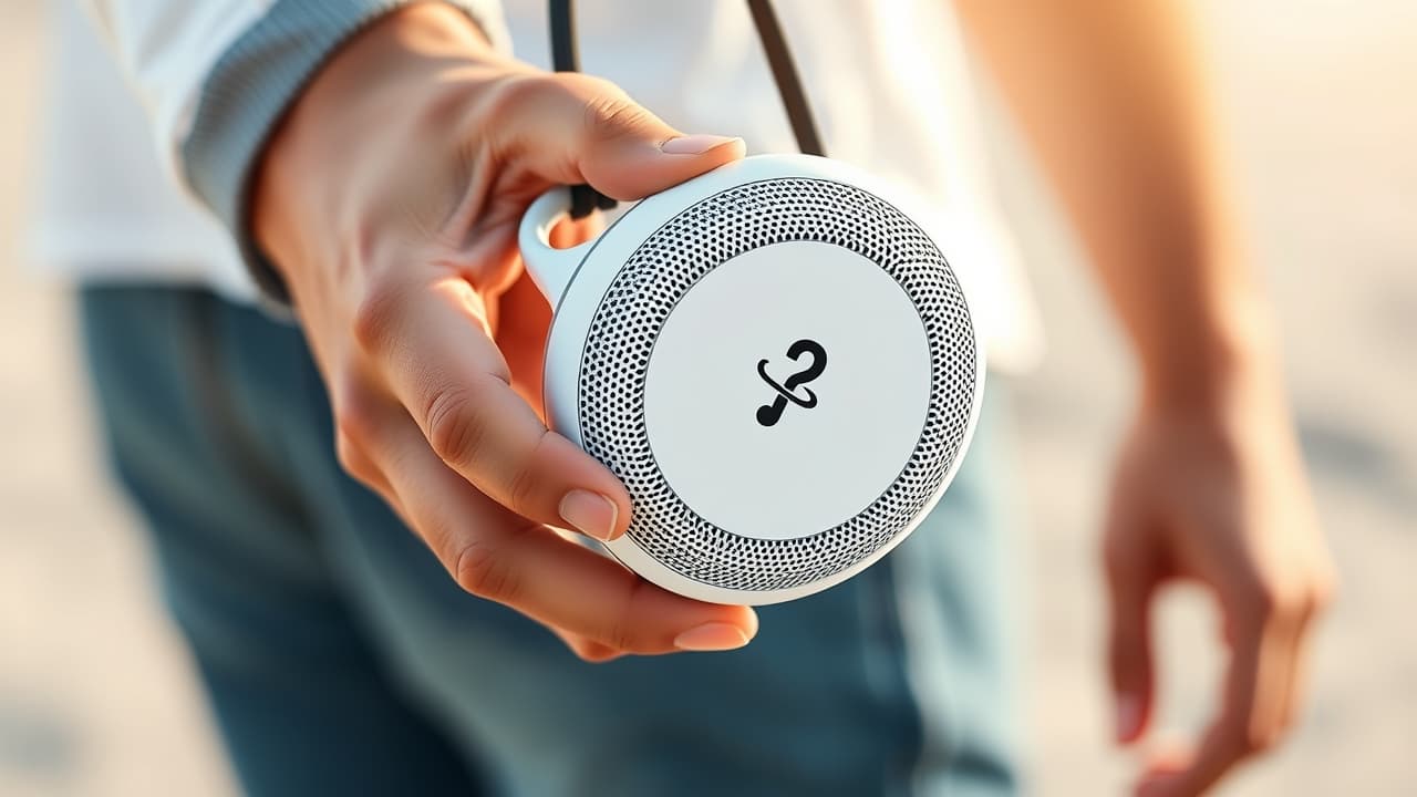 A hand holding a small, lightweight portable Bluetooth speaker, emphasizing its compact size.