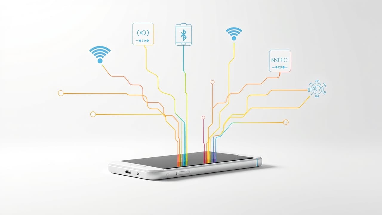 Smartphone with symbols for 5G, NFC, and a headphone jack