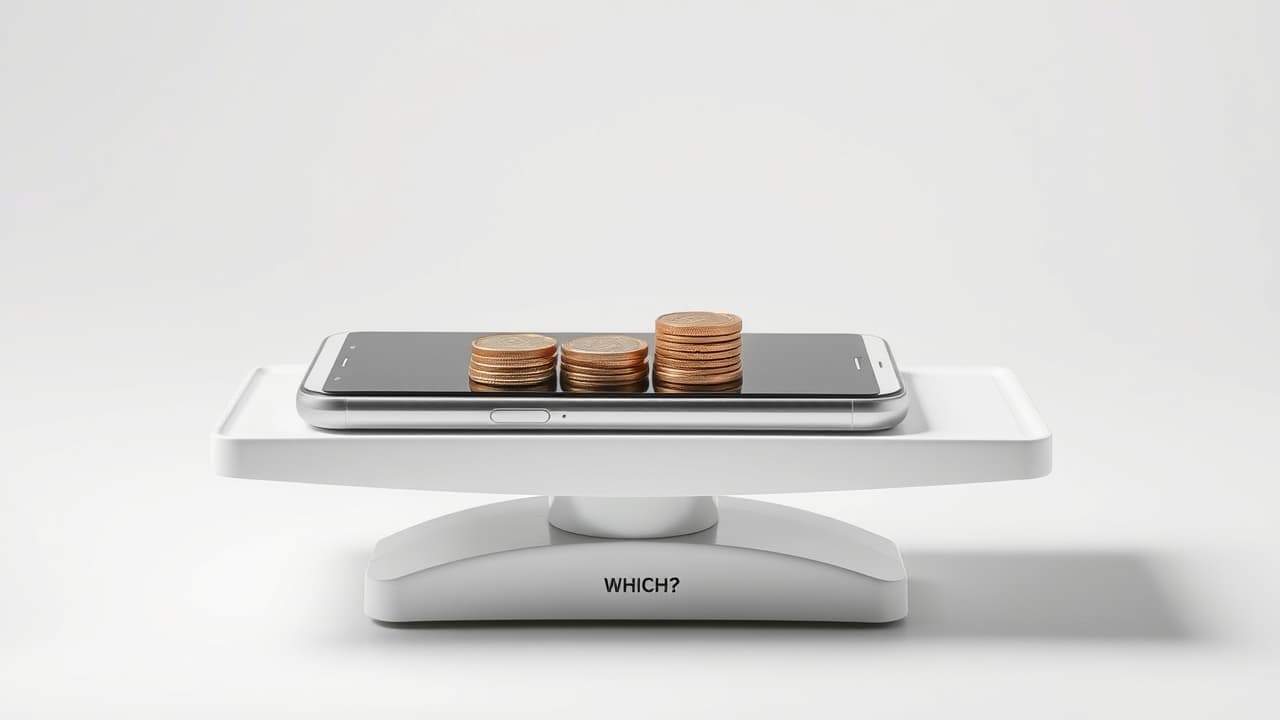Hand holding a smartphone with price tags, indicating value