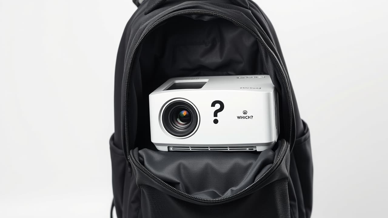 A compact, lightweight projector being held in one hand, ready for travel or easy setup