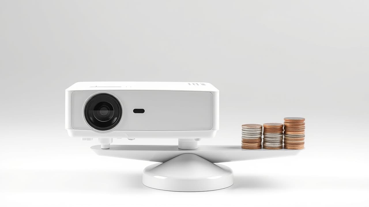 A hand holding a small stack of money next to a projector, symbolizing affordability and budget considerations