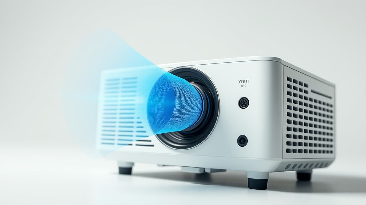 A projector with sound waves emanating from its built-in speakers, indicating audio output quality