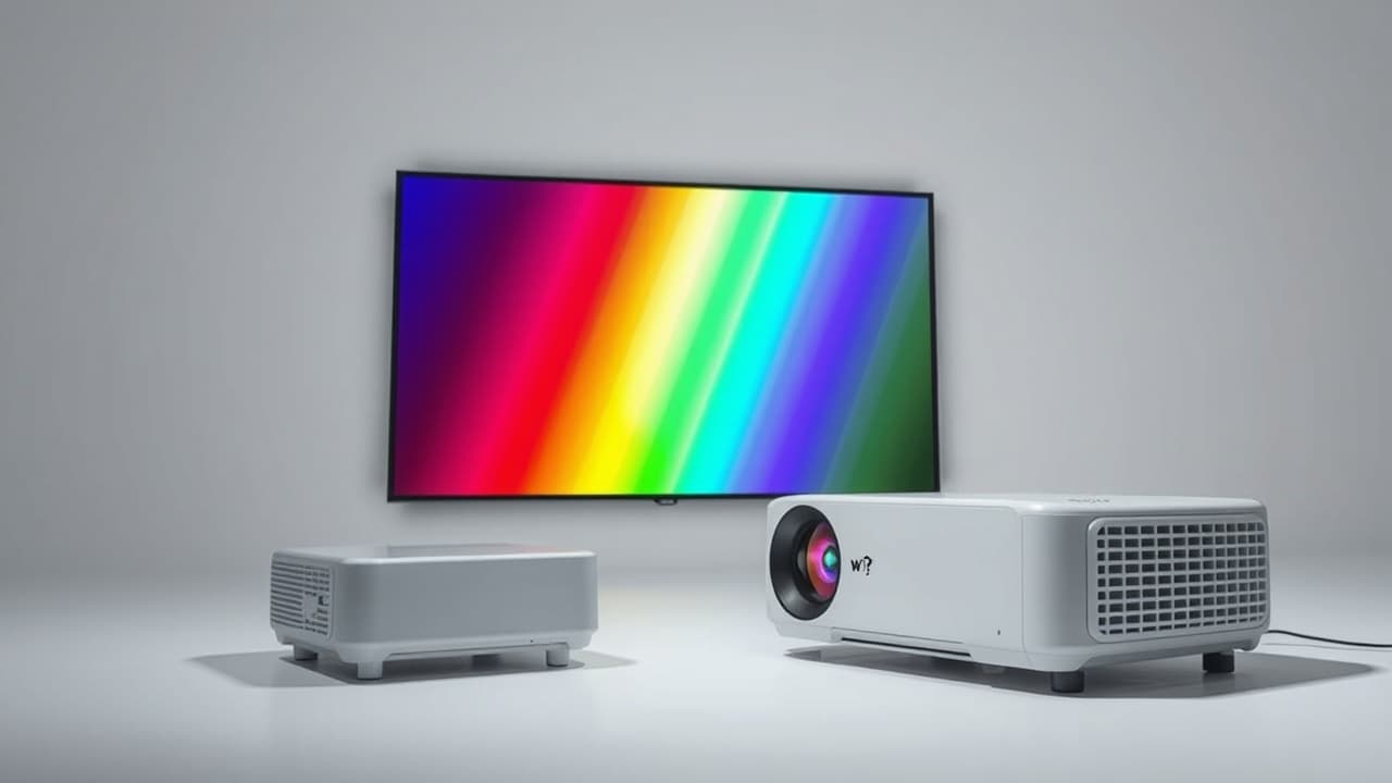 A vibrant, colorful projected image demonstrating high color accuracy versus a dull, inaccurate image