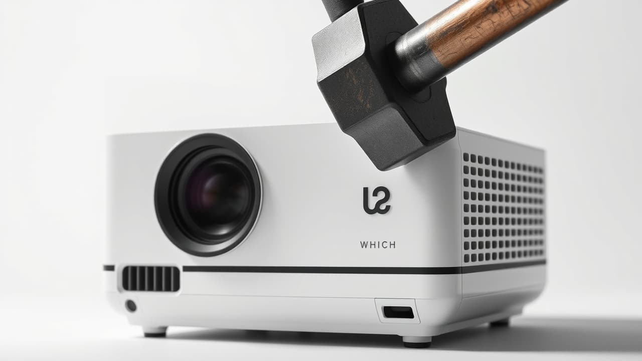 A close-up of a projector's casing, highlighting robust materials and construction for durability