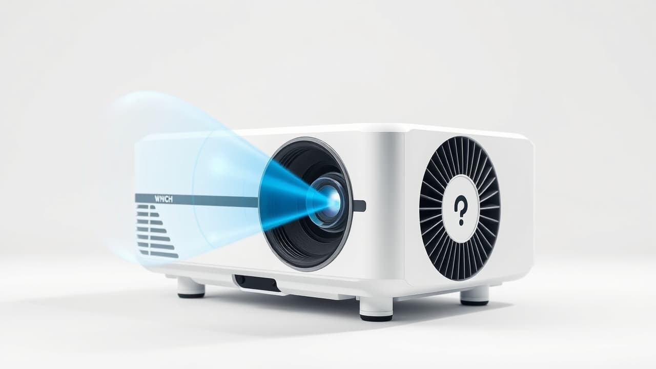 A projector with a subtle fan symbol, indicating quiet operation, compared to a noisy one