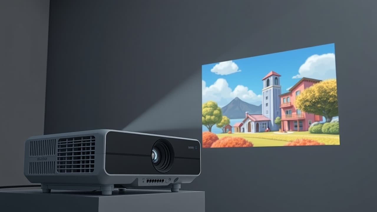 A projector box with exaggerated claims and a skeptical user looking at it, highlighting misleading marketing