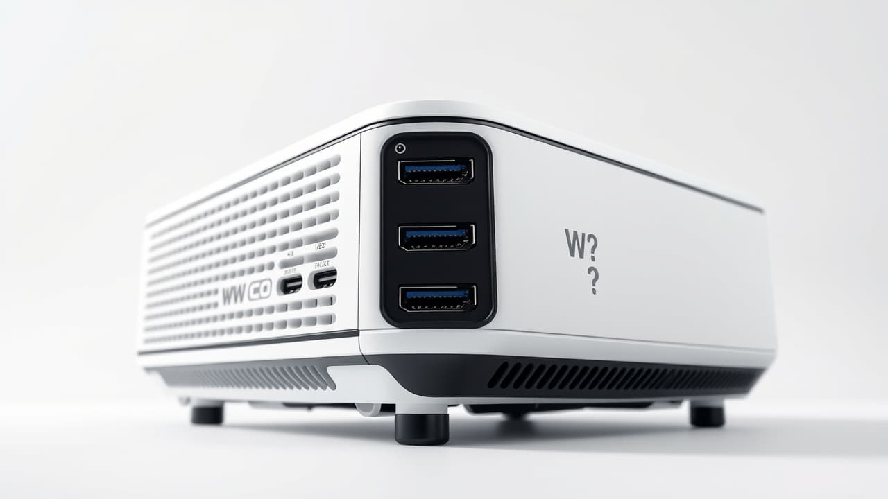 Rear view of a projector showing various input ports like HDMI, USB, and audio jacks for diverse connections