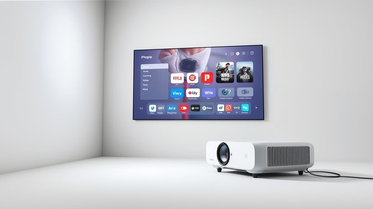 A projector displaying a smart TV interface with various streaming app icons for easy access
