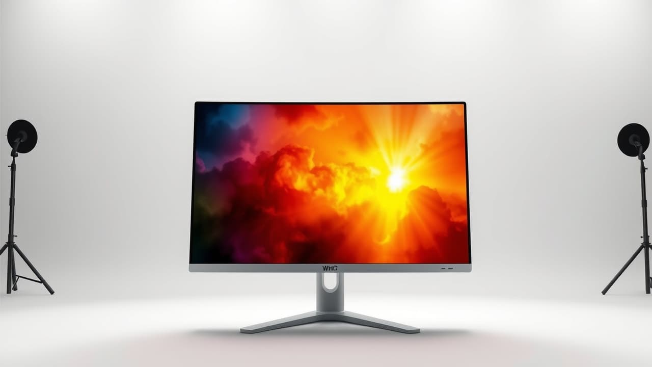 A monitor screen displaying a high dynamic range (HDR) image with bright highlights and deep shadows, emphasizing contrast