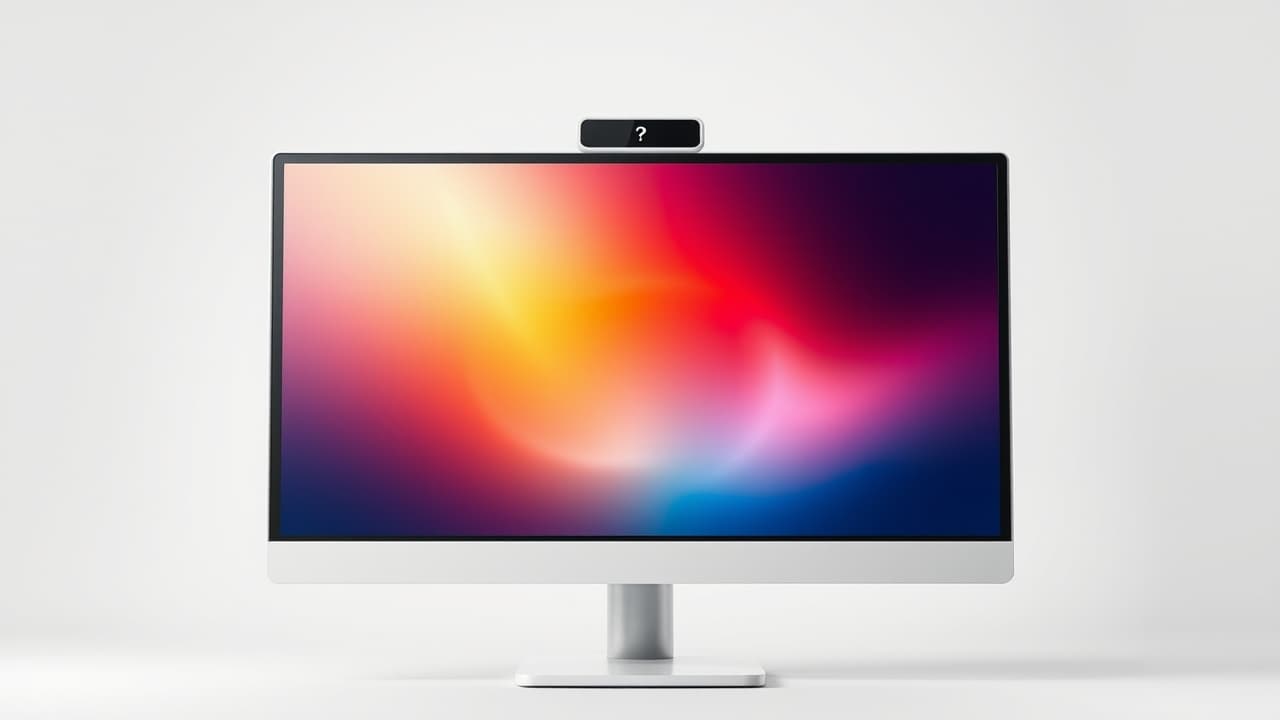 A monitor with a visible webcam at the top and integrated speakers at the bottom, indicating built-in audio and video capabilities