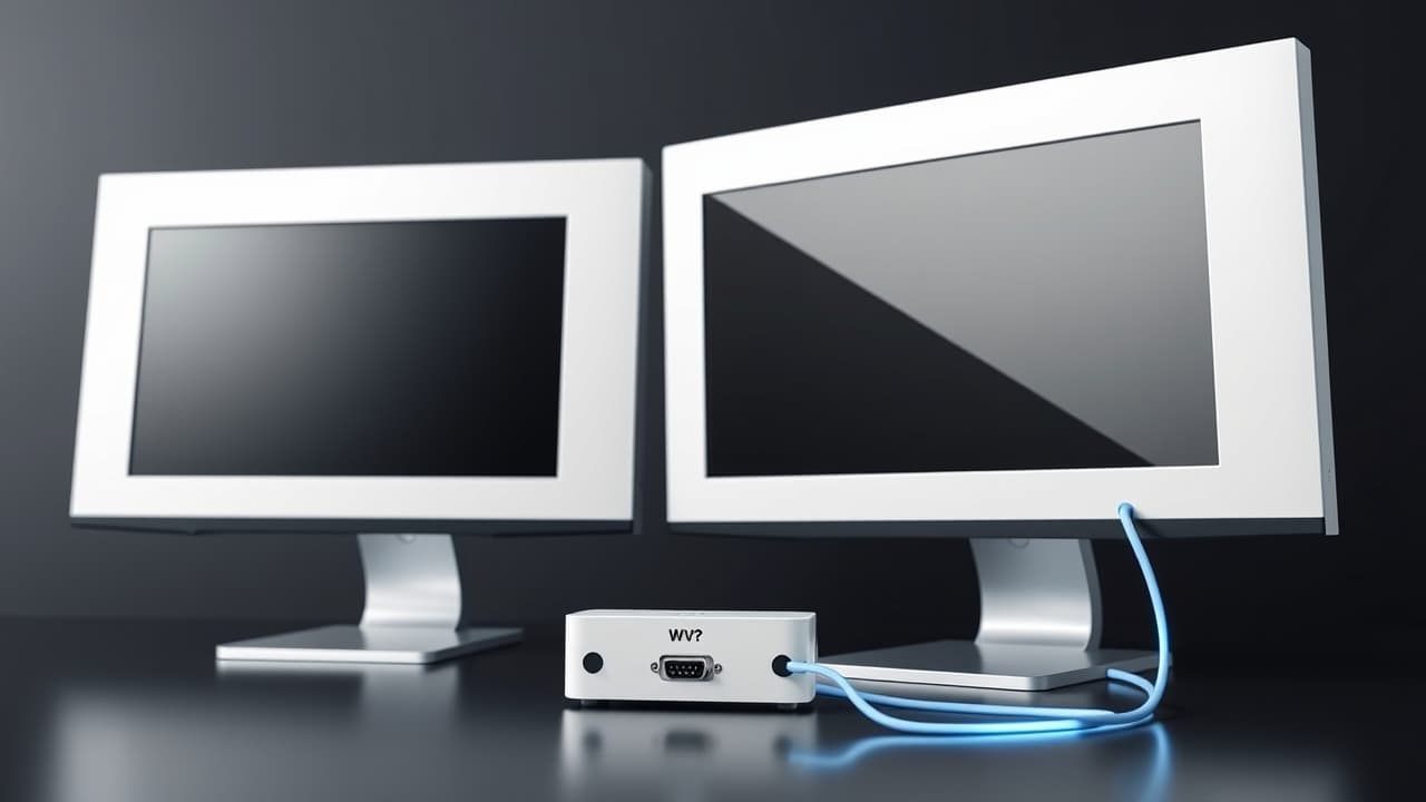 A diagram showing a monitor with a built-in KVM switch allowing a single keyboard and mouse to control two different computers