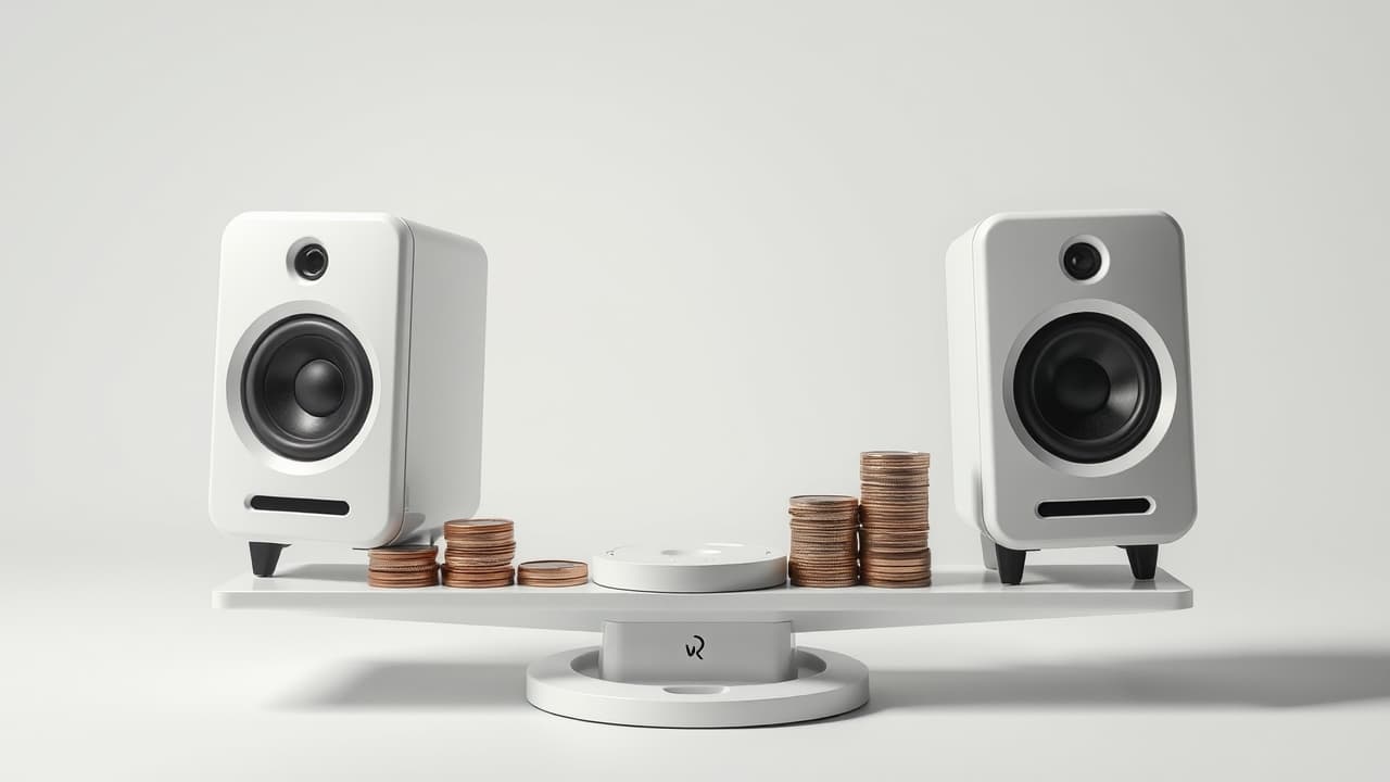 A stack of coins and a price tag, symbolizing the cost and value considerations for computer speakers