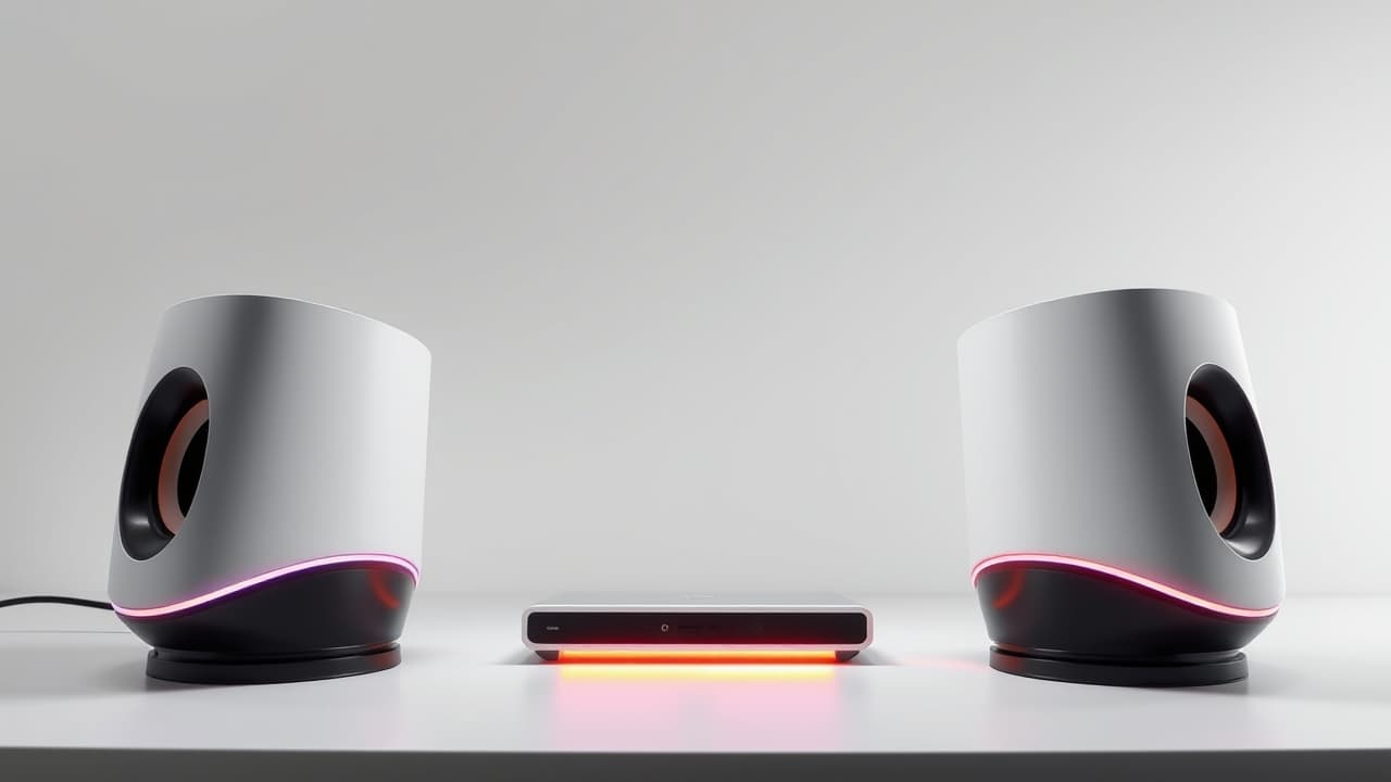 A computer speaker with customizable RGB lighting glowing in various colors, enhancing the aesthetic of a gaming setup