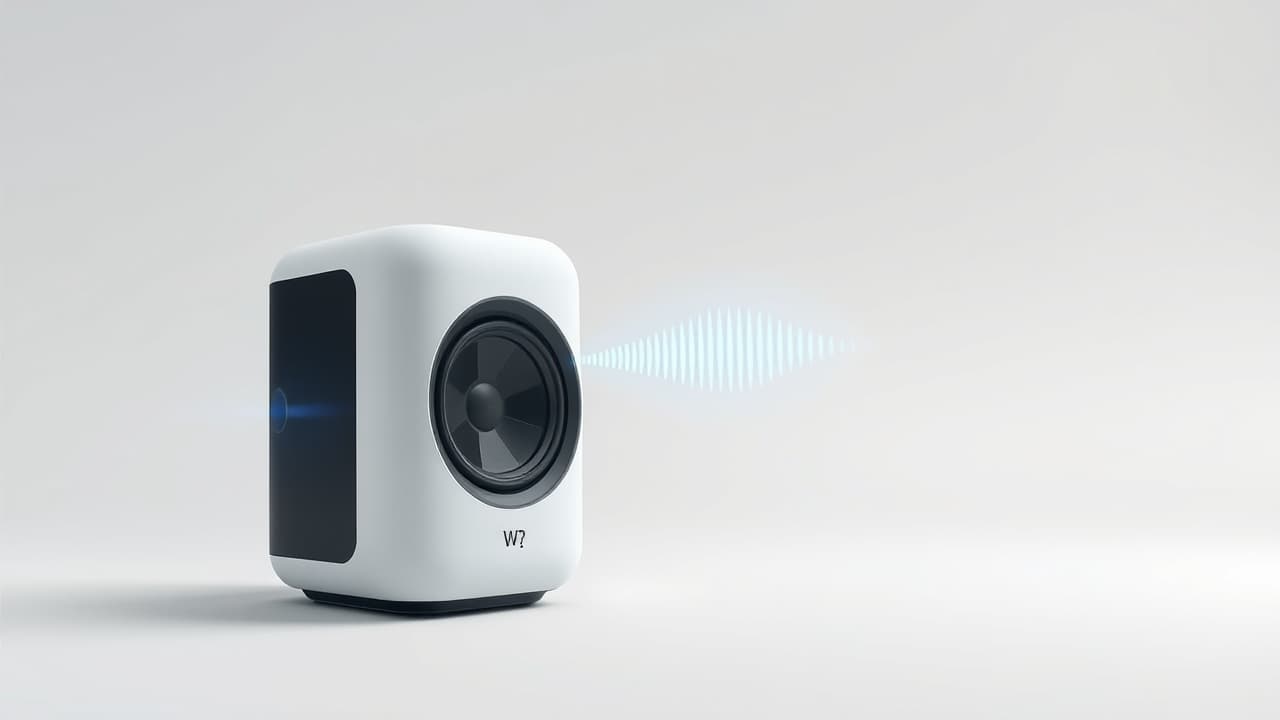 A person speaking to a smart speaker, representing voice control and AI assistant integration in computer speakers