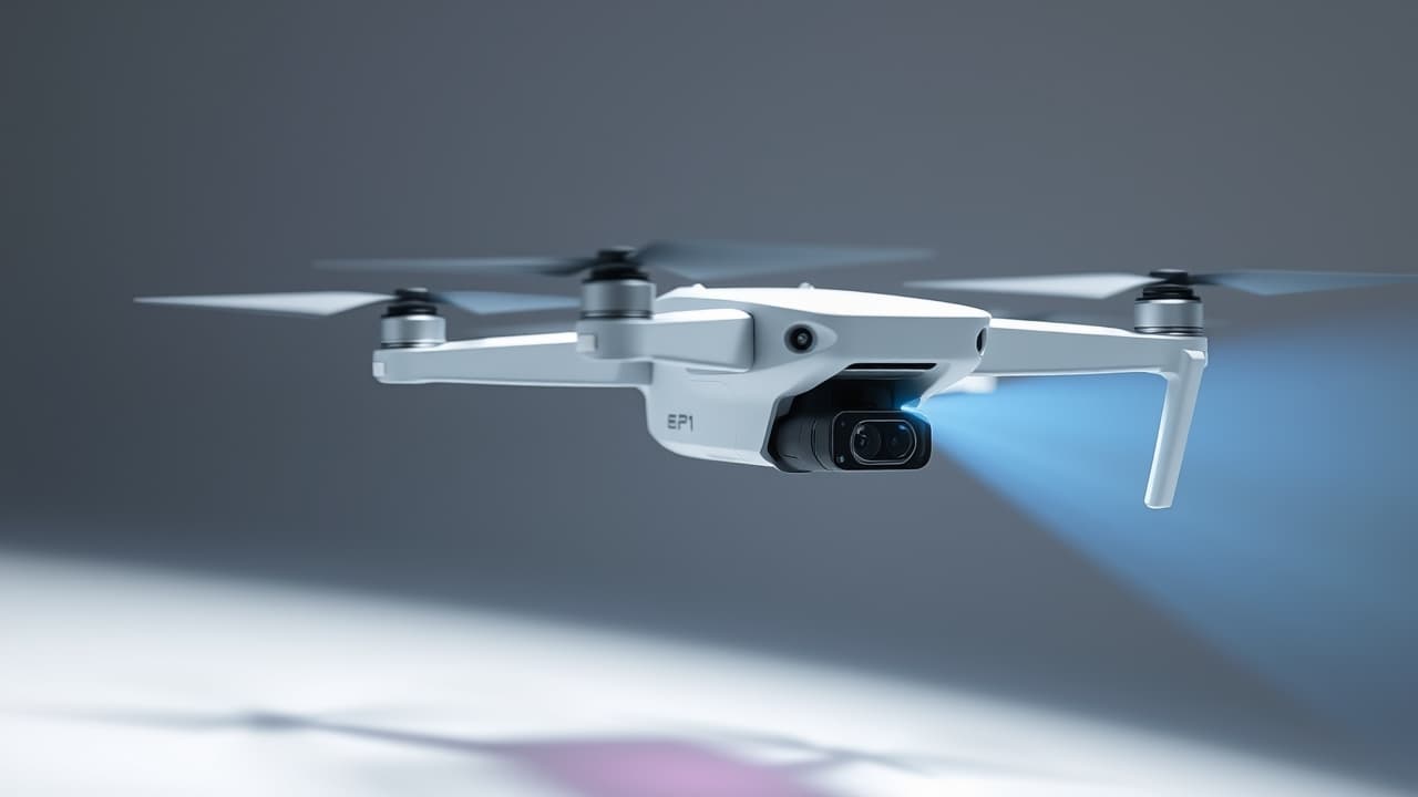 Close-up of a drone camera lens with high-resolution specifications