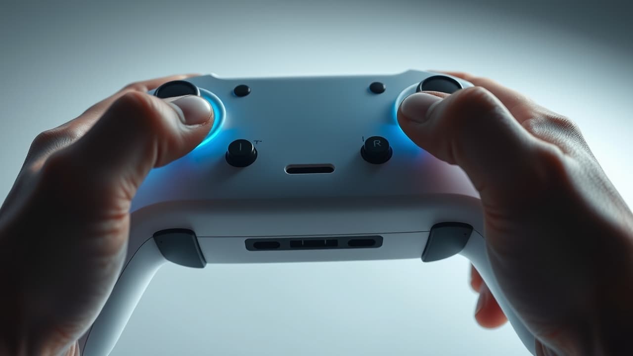 A person wearing FPV goggles while operating a drone with a specialized controller