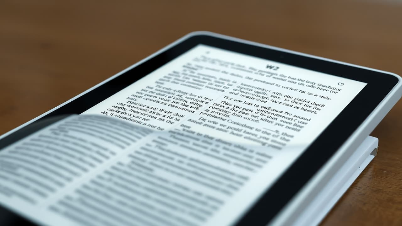 Close-up of an e-reader screen showing E Ink display with crisp text and adjustable warm light