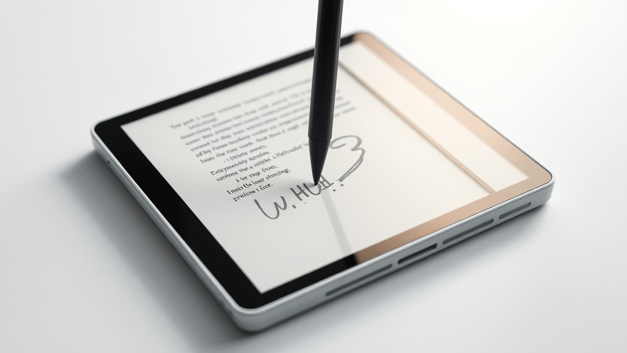 Hand using a stylus to write notes on an e-reader screen, demonstrating note-taking features