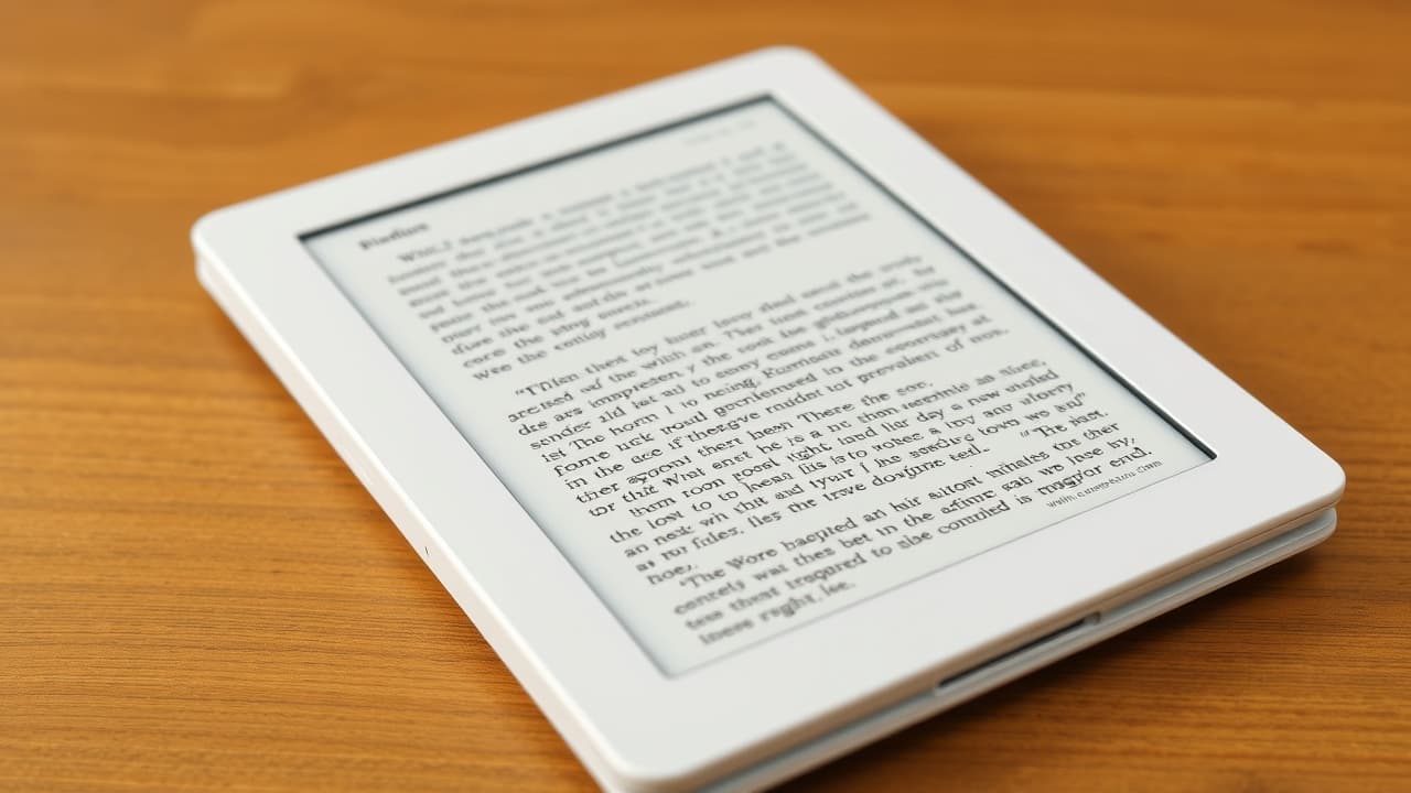 Close-up of an e-reader with visible physical buttons on the side for page turning