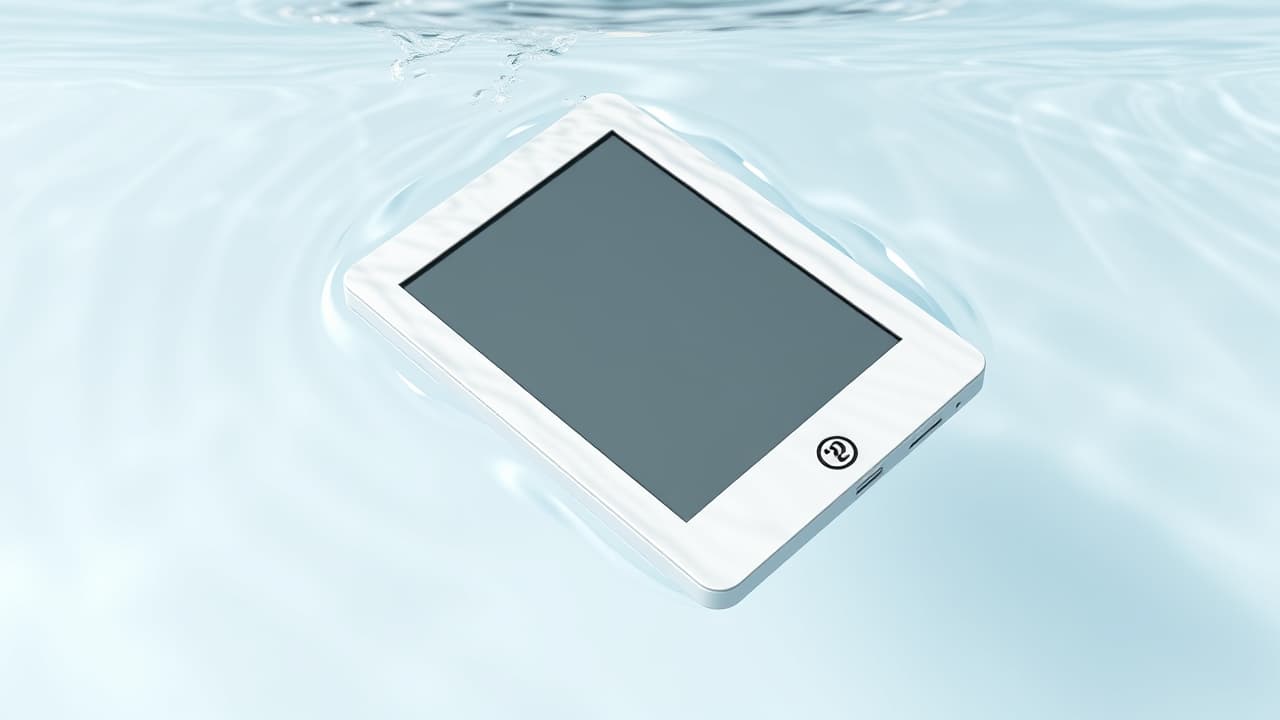 E-reader being used near water, with water droplets on the screen, symbolizing waterproofing