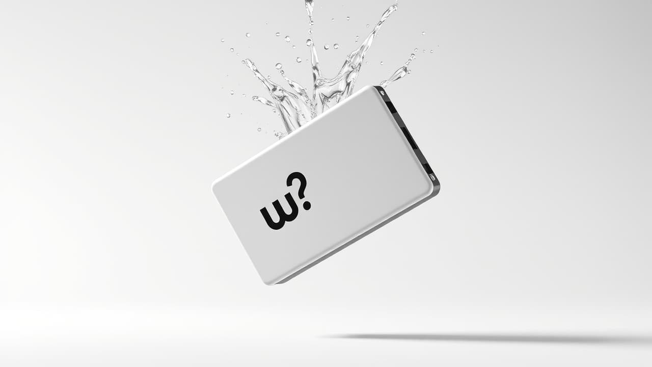 Rugged external hard drive with rubberized casing and a splash of water